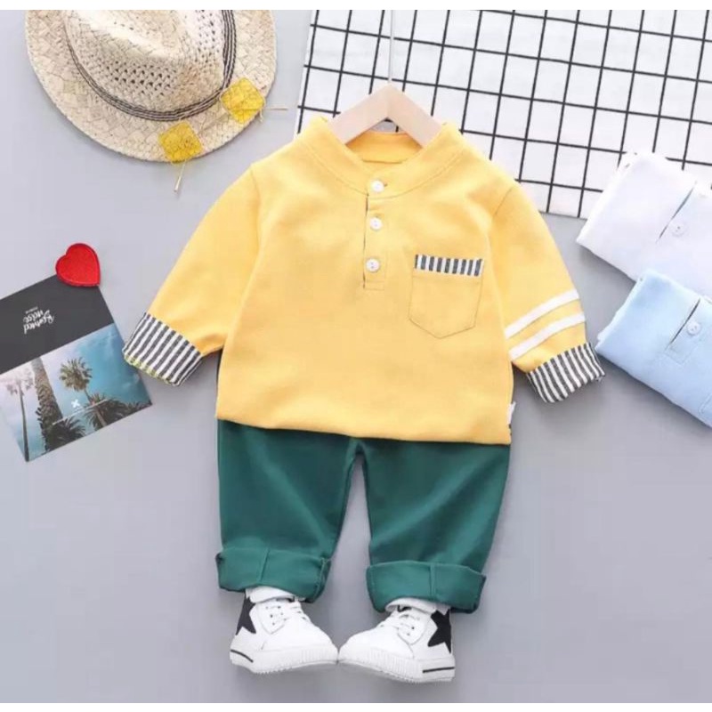 Terbaru Set|Setelan Baju Anak Anak Setelan Baju Polo Kuning Anak Laki-laki Dan Perempuan Umur 1-5 Tahun