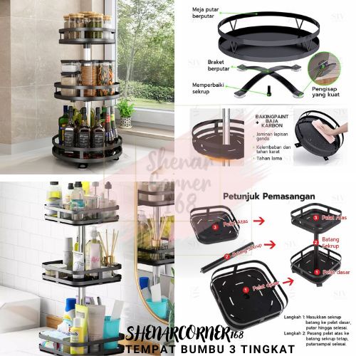 SHENAR RAK BUMBU PUTAR 360 DERAJAT TEMPAT BUMBU DAPUR TINGKAT / RAK 3 SUSUN SERBAGUNA / TEMPAT BUMBU KECAP MINYAK / TEMPAT BUMBU KOTAK - NORDIC RUBY RACK, SHENARCORNER168