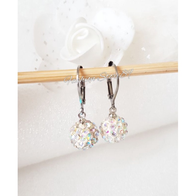 Anting Bola Permata Kristal Titanium Silver Impor Anting Titanium bola Kristal