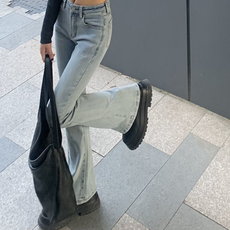 Suhao Hong Kong Gaya Retro Tinggi Pinggang Lurus Stretch Slim Jeans Wanita Musim Panas Bootcut Celan