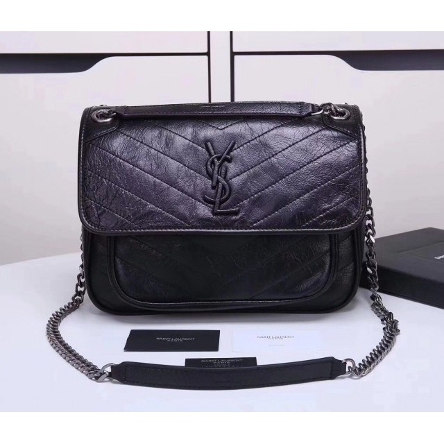 Tas YSL Niki Chain Crinkled Chevron Large HITAM Mirror 6189