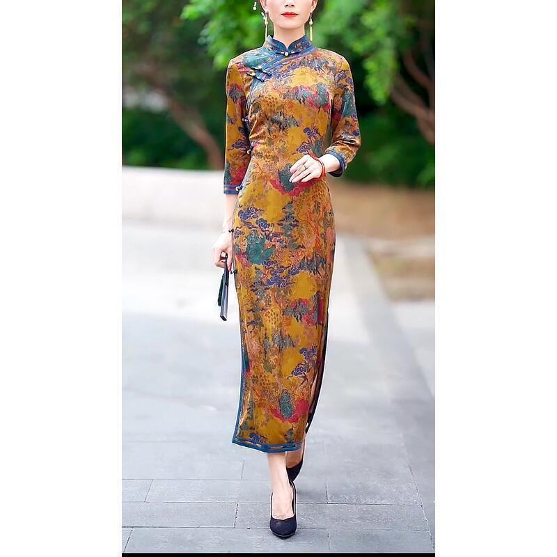 National style retro improved cheongsam dress women's 2021 autumn new middle-aged and elderly mother