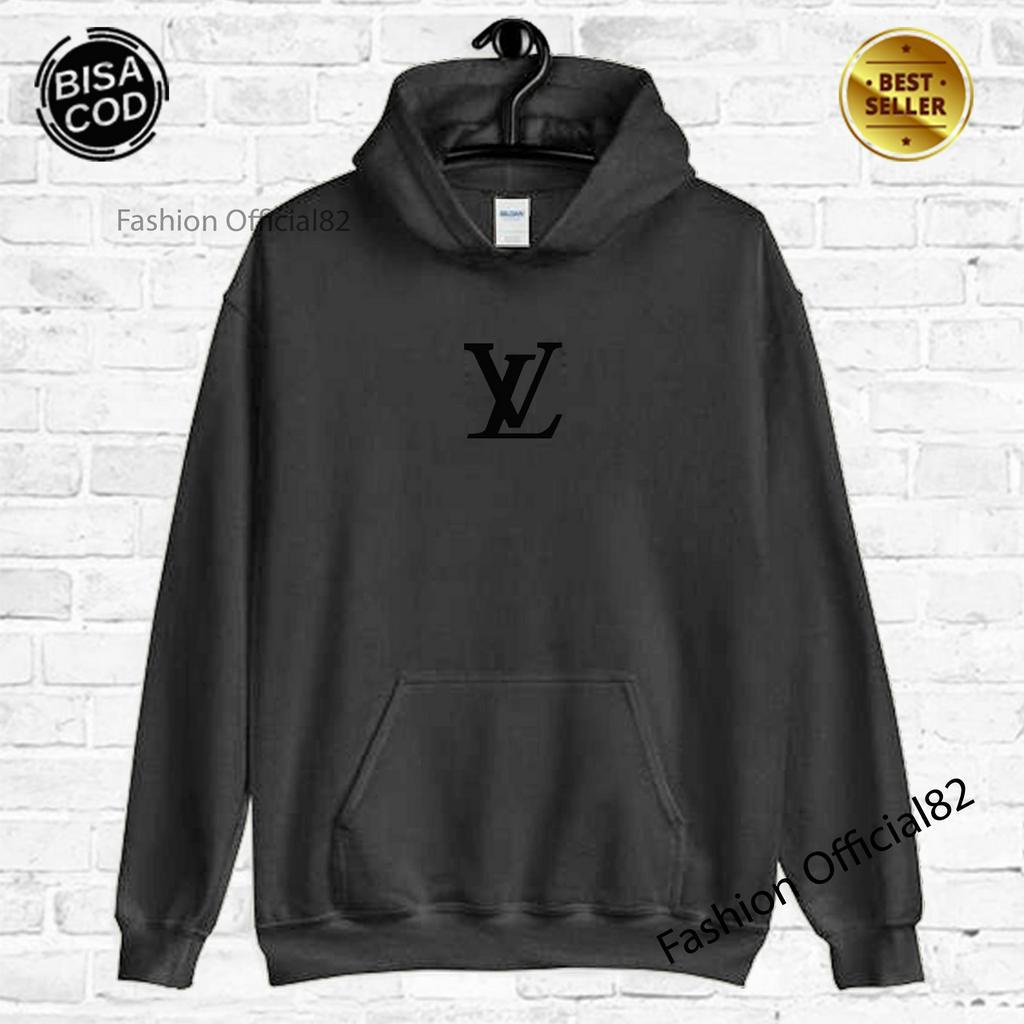 Sweater Hoodie Distro LV  Premium Text Hitam Pria Wanita