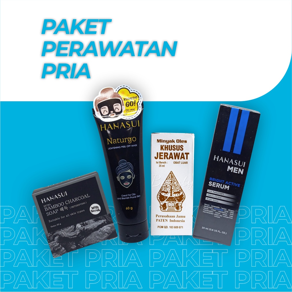 SKINCARE BPOM HANASUI BLACK SERIES 4IN1 / Charcoal Soap + Men Bright Active Serum + Naturgo Mask Tub