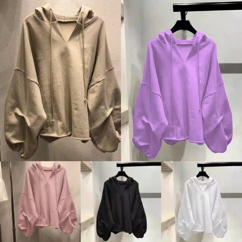 Hoodie V-Neck Oversize Clara Daddario Tangan Balon | Pakaian Wanita | Bahan Fleece | Allsize