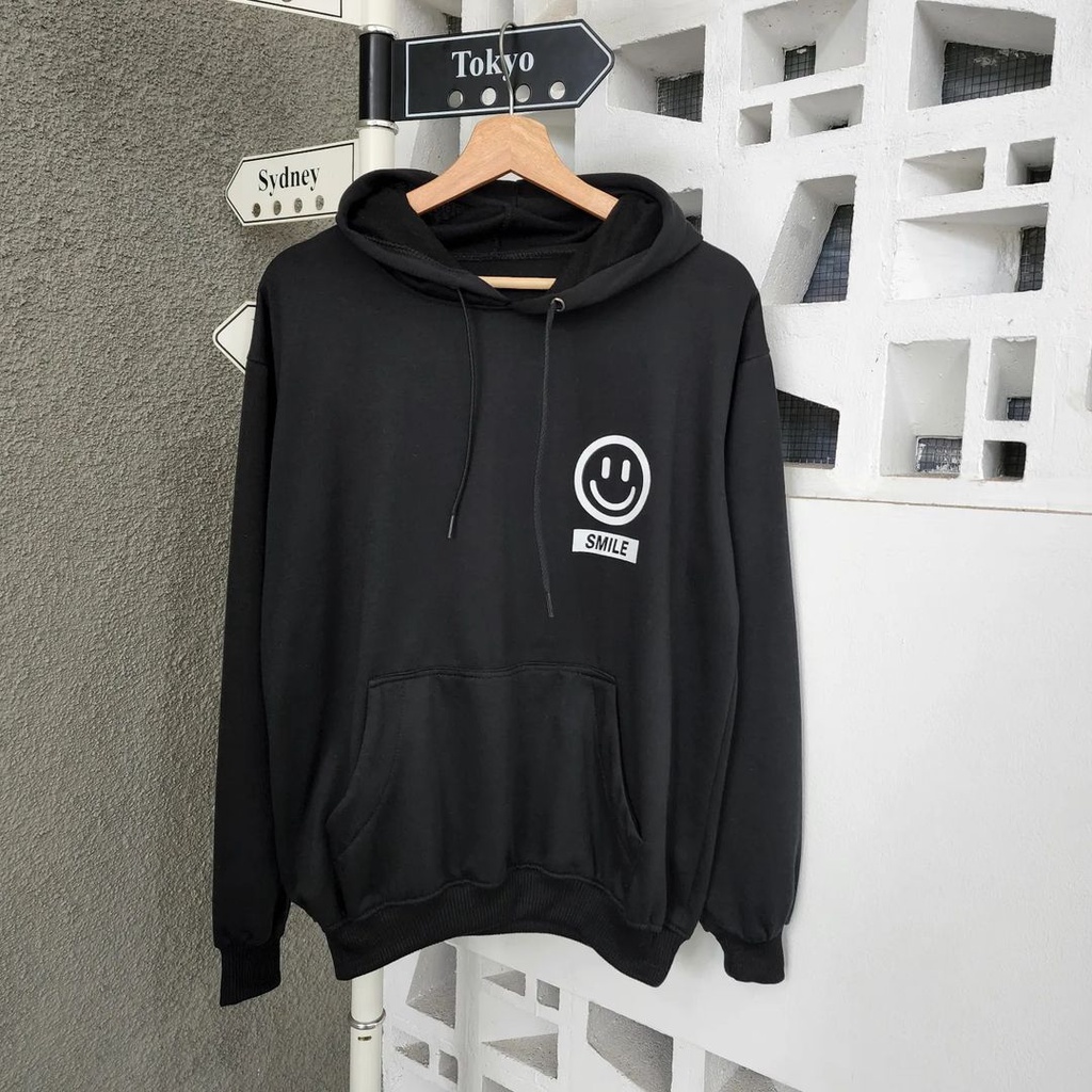 Hoodie Hitam Cewek &amp; Cowok Terbaru Umardenim Motif Smile Bahan Fleece Korean Style