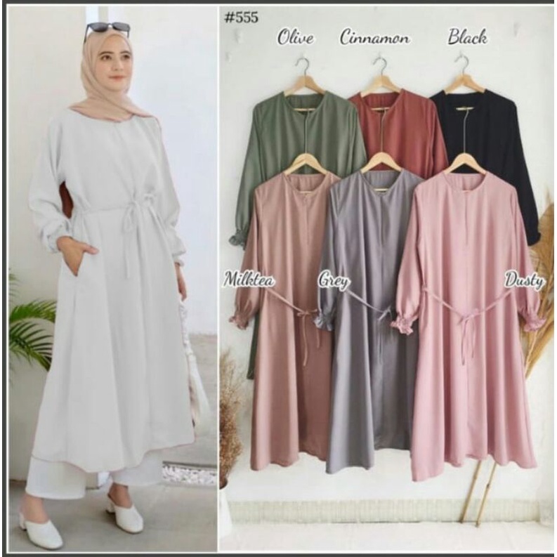 Tunik Putih Wanita Sleting Depan Tangan Karet Bahan Khosibo