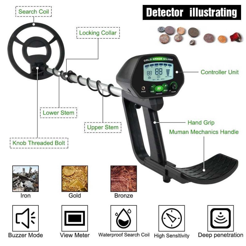 Alat Pendeteksi Logam Gold Silver Adjustabel Metal Detector Finder LCD