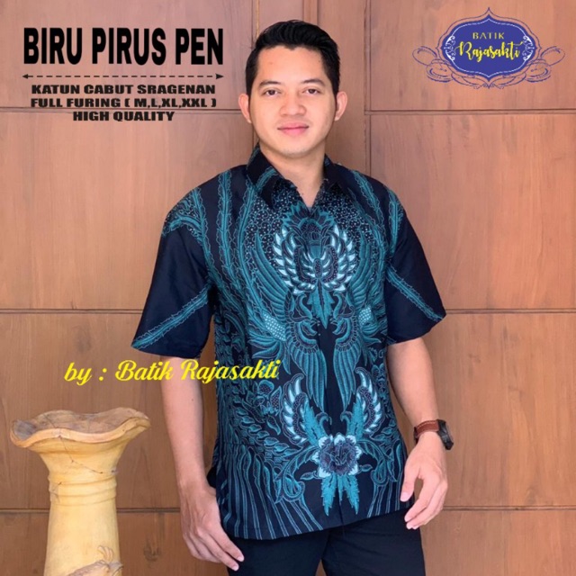 Batik Pria BIRU PIRUS Pendek Katun Cabut Sragenan Full Furing Termurah