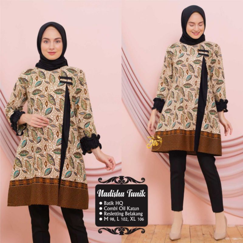 Atasan Batik Wanita Modern / Tunik Batik Kombinasi Mosscrepe Size M, L, XL ( ORIGINAL )