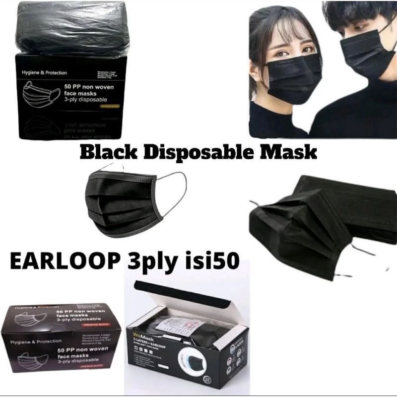 MASKER CANTOL HITAM IMPORT MODEL MEDIS 3 PLAY EARLOOP ISI 50 PCS