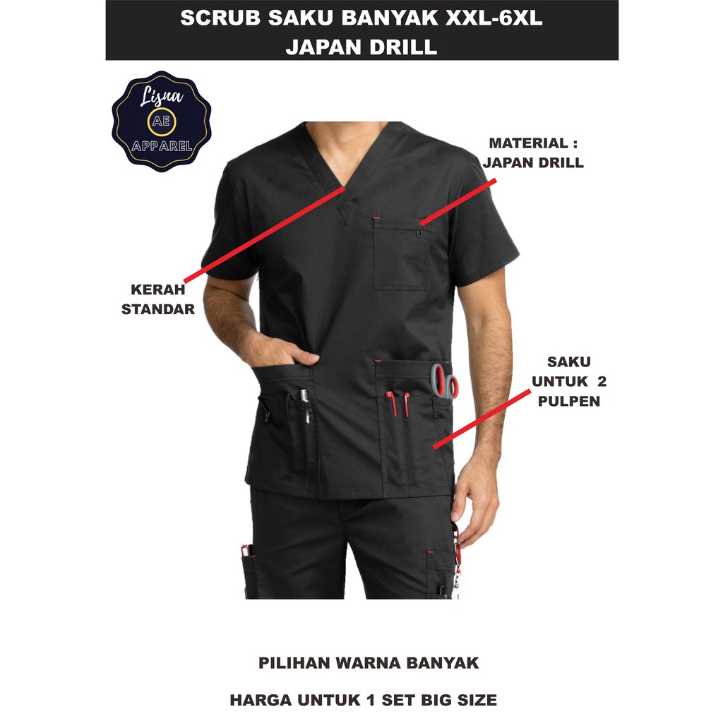 Baju Jaga Medis Doctor Scrub APD OKA Saku Banyak Japan Drill Big Size XXL-6XL