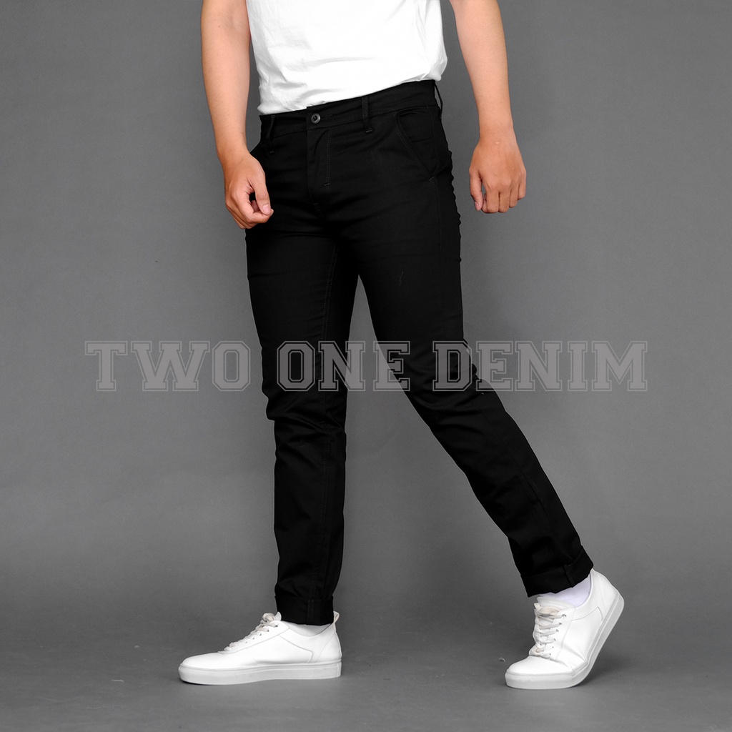 TWO ONE Celana Chino Pria Panjang Slim Fit - Chino Panjang Pria Dewasa Hitam