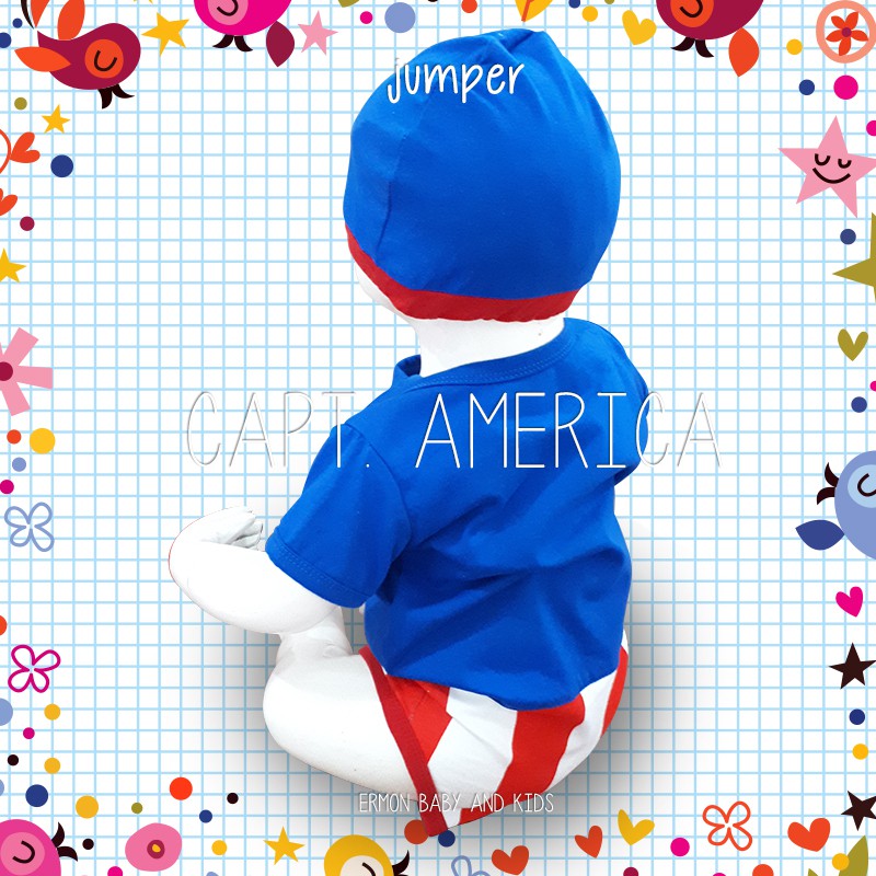 Ermon Baby - Jumper Bayi Laki Laki Jumper Baby Cowok Lucu Karakter Superhero Captain Amerika + Topi Usia 0 - 12 Bulan