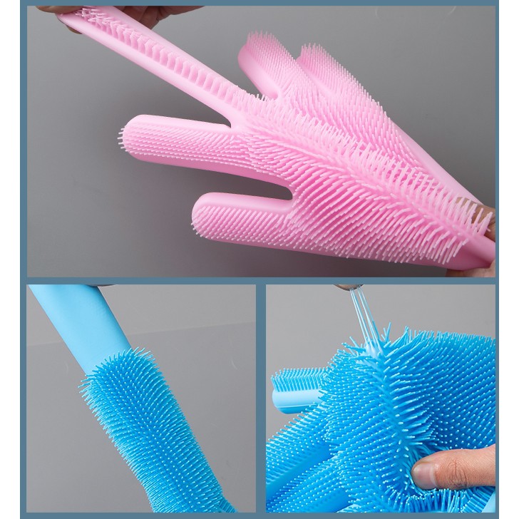 AS812 Sarung Tangan Karet Tebal Cuci Piring Silikon Dengan Brush Tebal / Silicone Gloves