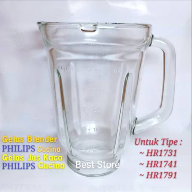 GELAS JUS KACA CUCINA BLENDER PHILIPS TIPE HR-1741 (HR-1791, HR-1731 HARUS SATU SET SAMA PISAU NYA)