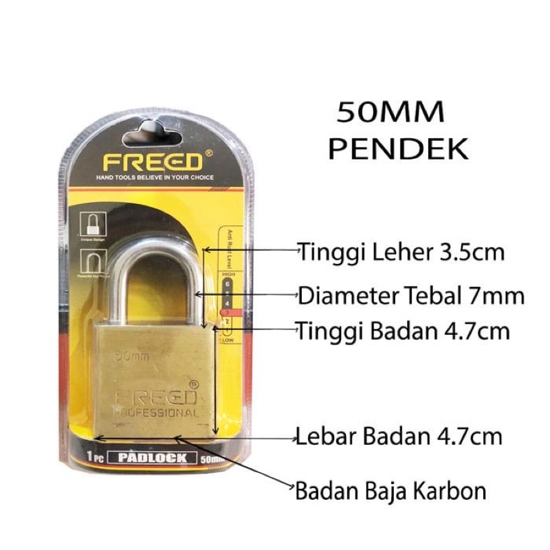 Gembok baja karbon pintu pagar pendek 40mm - 70mm Freed