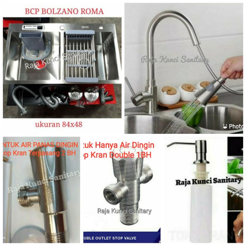 Paket Lengkap Kitchen Sink BOLZANO ROMA  8448 + Kran Tarik Stainless 304 Panas Dingin/Dingin