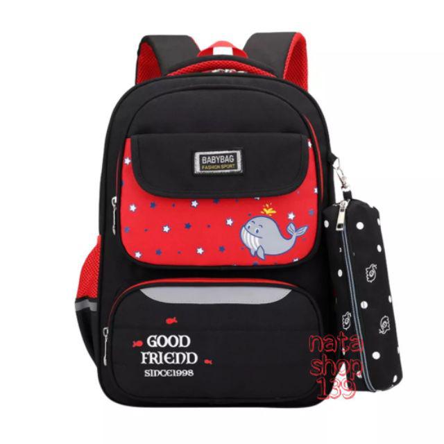 Tas Sekolah Anak Wanita Gendong Karakter Paus 2 in1 Lucu Cantik-Merah