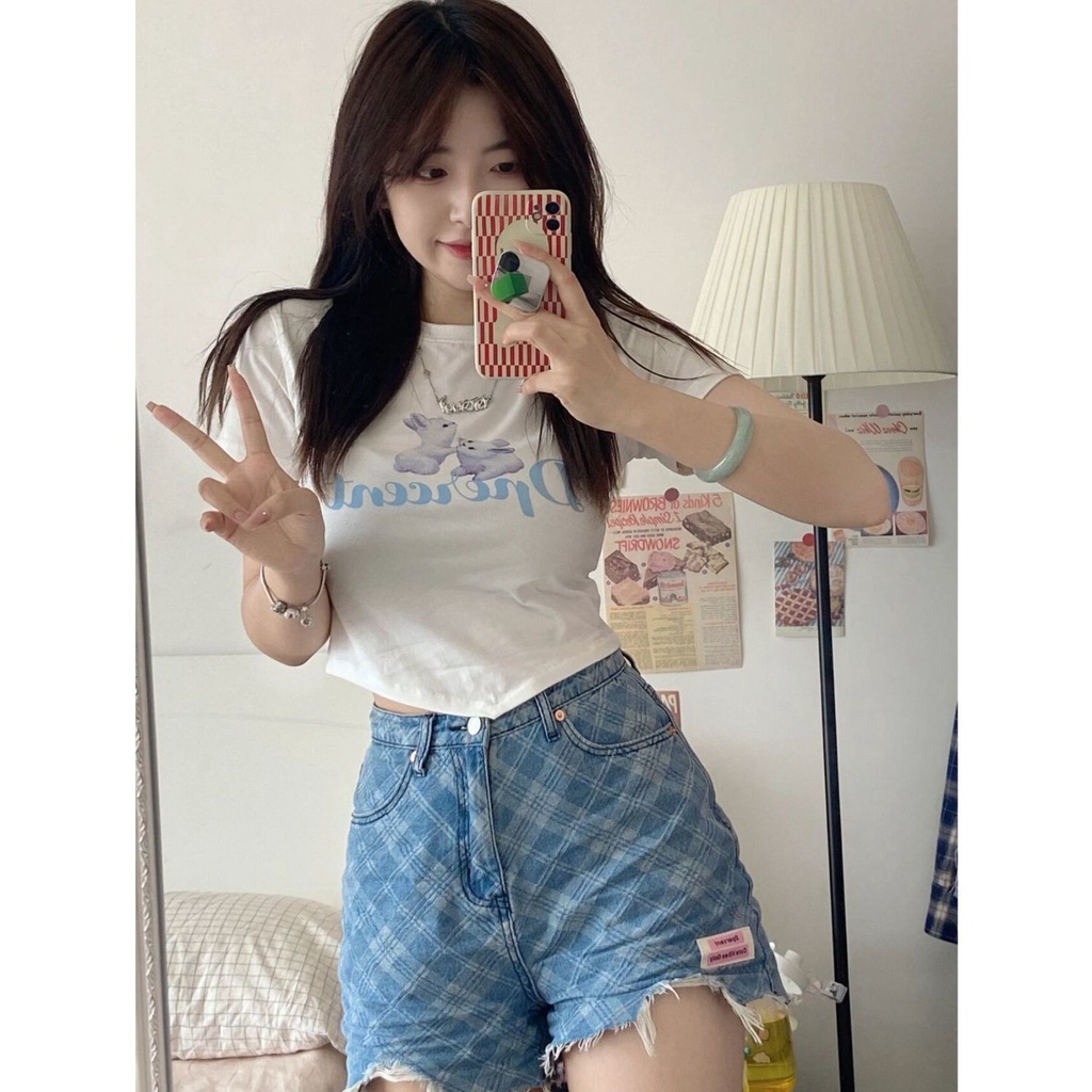 Cetak Kelinci Tidak Beraturan Lengan Pendek T-shirt Wanita Desain Rasa Musim Panas Baru Manis Gadis