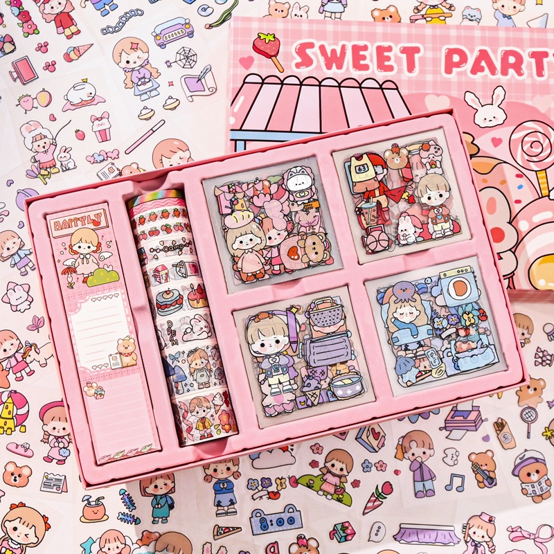 Handbook Stiker Gift Box Spree Gadis Lucu Hati Korea INS Saku Bahan Tape Anak Hias DIY