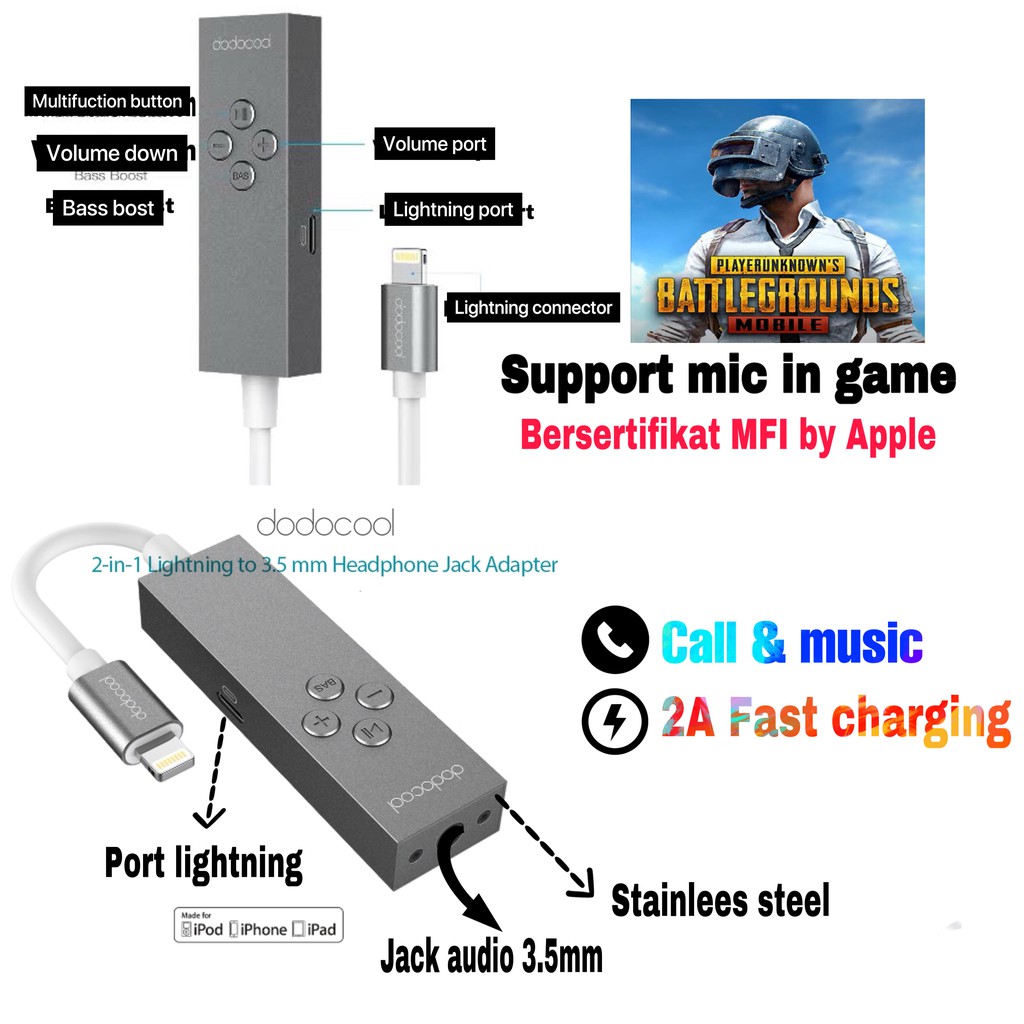 Dodocool DA-133 MFi Certified 2-in-1 Headphone Jack Adapter Lightning