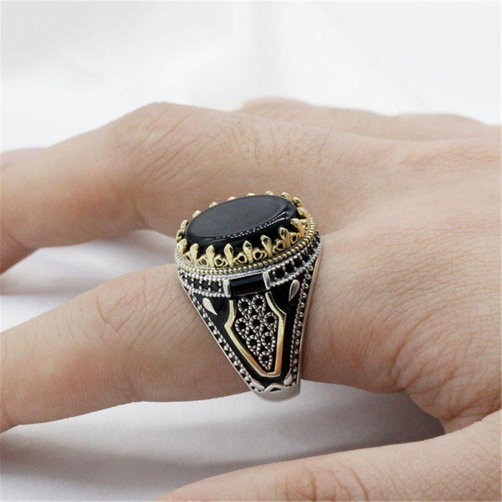 R-flower Cincin Pria Pesta Perhiasan Retro Religi Dengan Batu Onyx Hitam