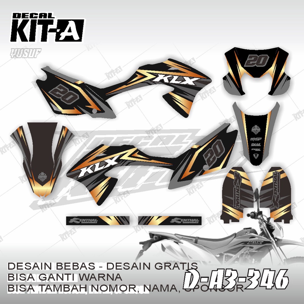 Decal kawasaki KLX 150 BF MOTIF GRAFIS TRAIL HITAM LIST GOLD
