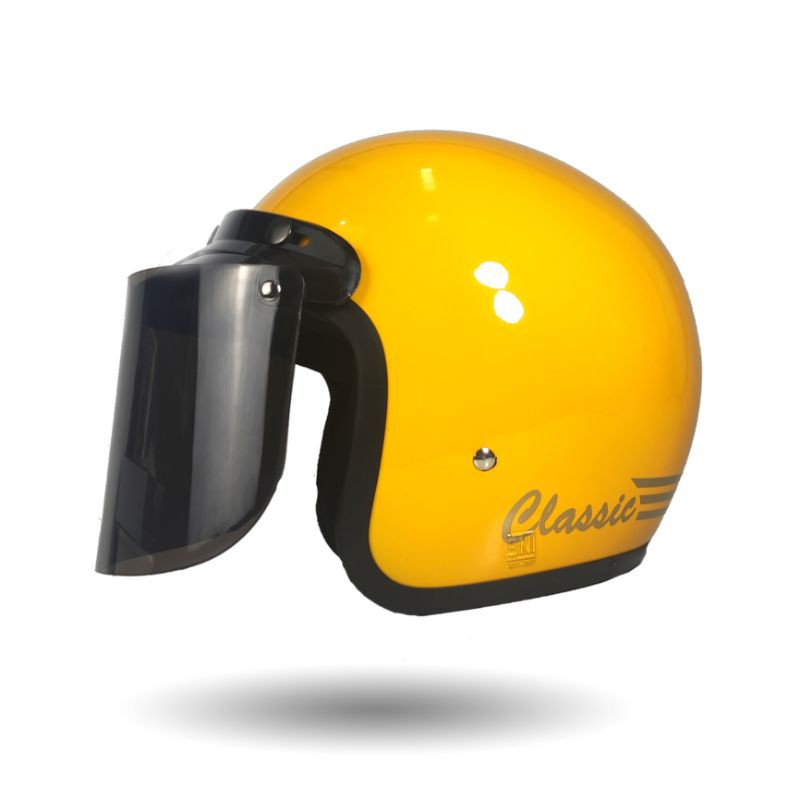 Helm Bogo Retro Dewasa Polos Garis Strip Helm Bogo Murah Full Leher Terlaris Kuning Glossy