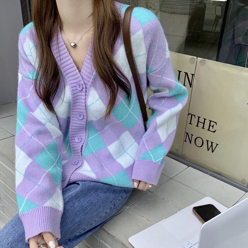 [ready stock] lilac argyle cardigan | atasan rajut kotak kotak outer gaya korea