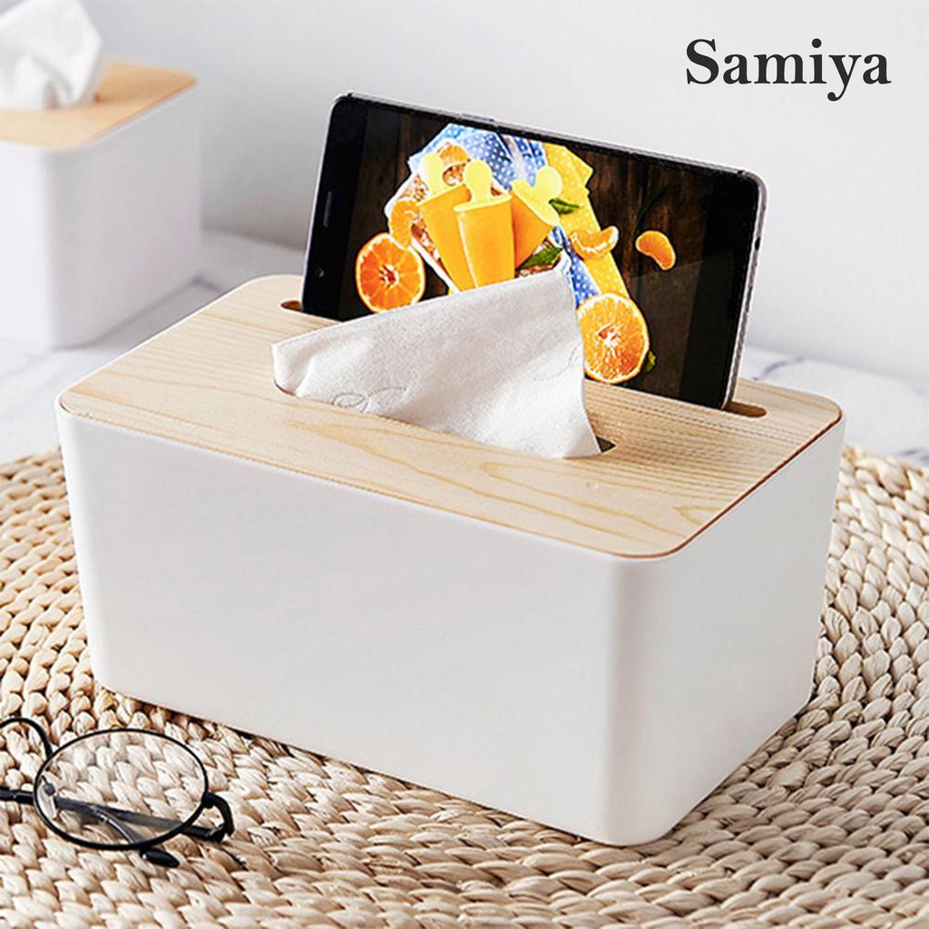 japanese tissue box wooden lid with smartphone holder ( TERIMA CUSTOM PRINT NAMA dan LOGO ) / kotak box tisu kayu multifungsi home decor