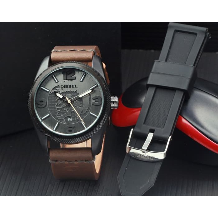 Jam Tangan Pria / Cowok Diesel Paket Leather Light Brown Plat Black