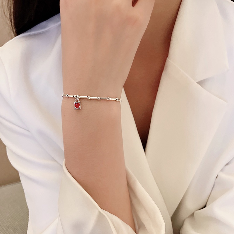 Gelang Bangle Desain Bambu Hati Merah Bahan Silver Gaya Korea Untuk Wanita