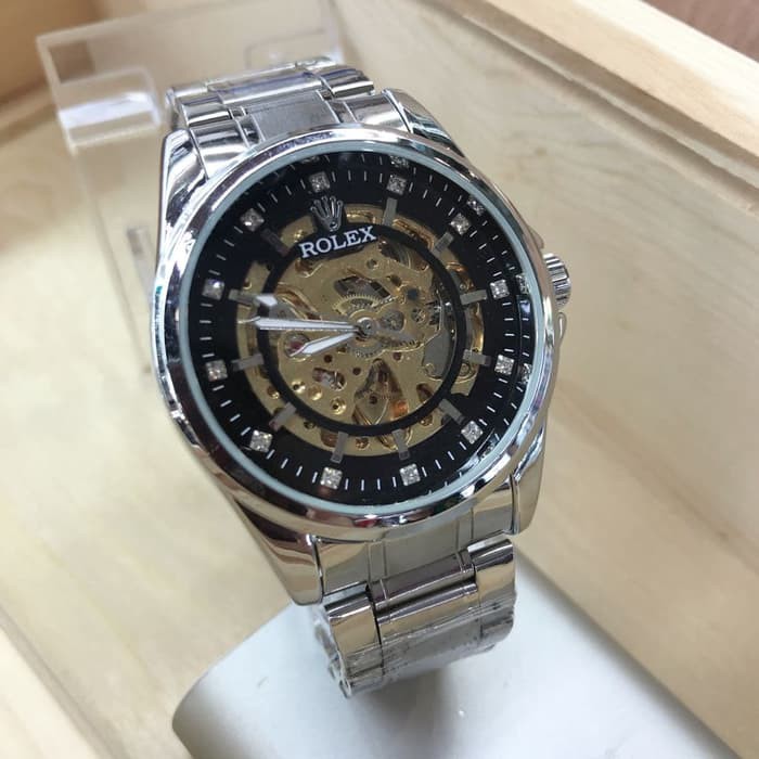 JAM TANGAN PRIA ROLEX AUTOMATIC SKELETON SILVER (BLACK)