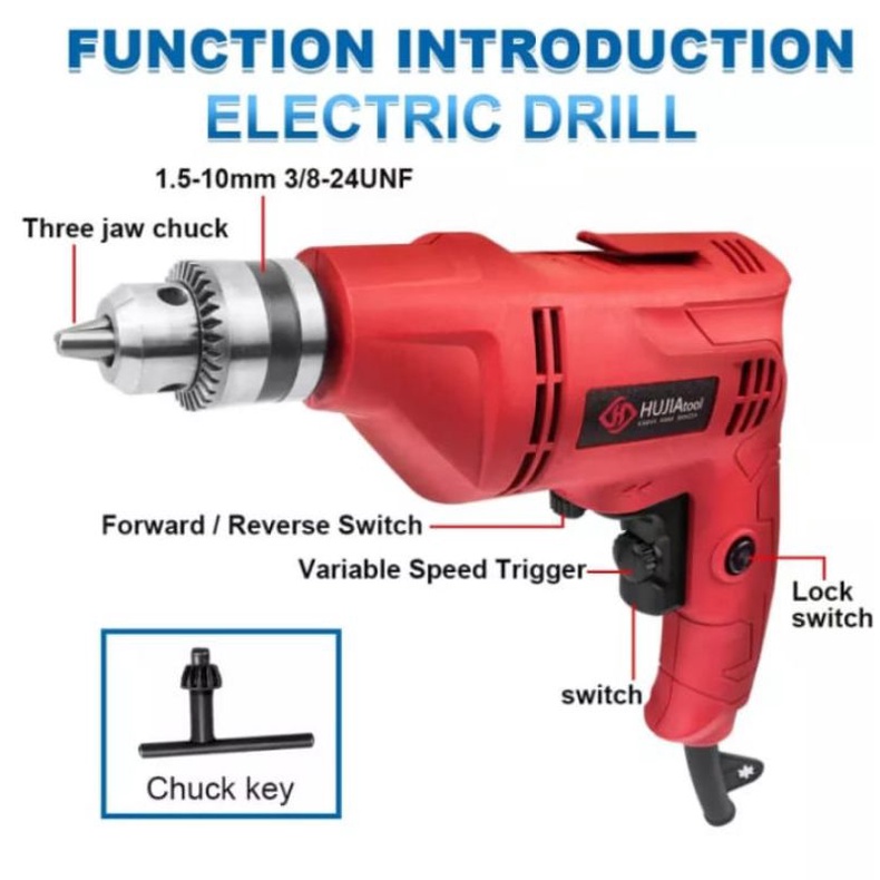 promo.. Mesin bor besi & kayu ukuran 10mm electrik drill HUJIA TOOLS