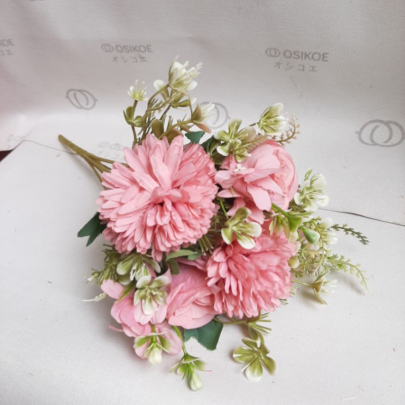 BUNGA MIX MAWAR (16)-BUNGA HIAS-BUNGA ARTIFISIAL-BUNGA PALSU (MWM45)-Pink tua