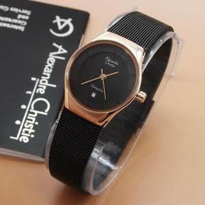 jam tangan wanita alexndre christie AC 8331LD HITAM ROSEGOLD TALI PASIR