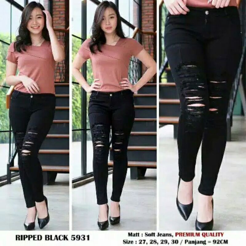 celana panjang celana jeans wanita sobek hitam 5931 bellzshop