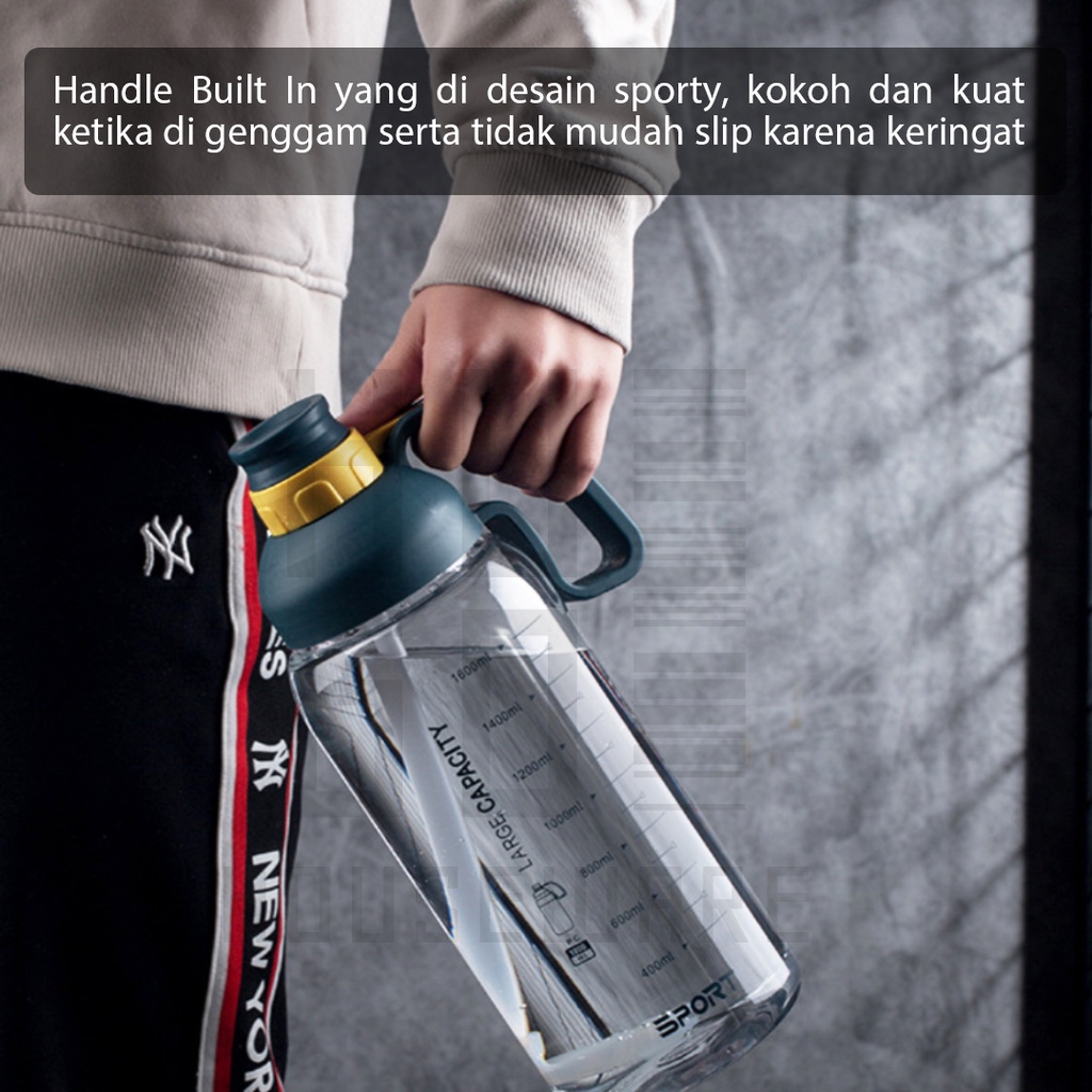 HUGO Botol Minum Bening Besar Jumbo 1800 ml Anti Bocor dengan Handle dan Sedotan Premium Quality