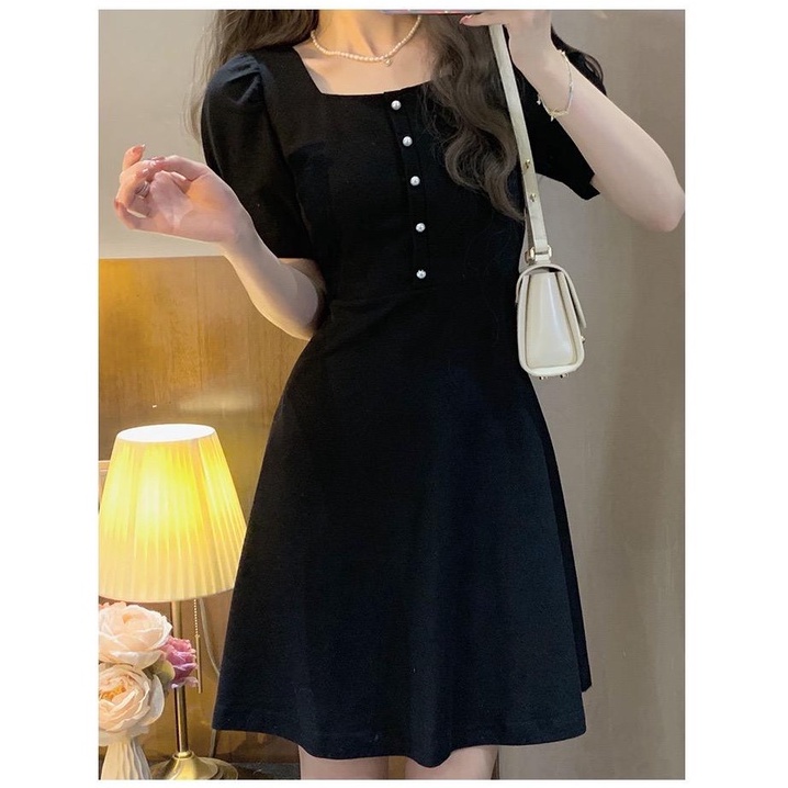 [littlecrab] Dress Hitam Classic With Pearl Squareneck A-Line Simple Elegan Dress Pendek Gaun Pesta Import Modern Berkualitas Korean Style