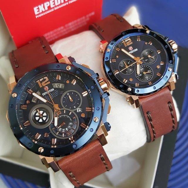 EXPEDITION E6402M / E6402B BLUE ROSEGOLD LEATHER STRAP COUPLE ORIGINAL