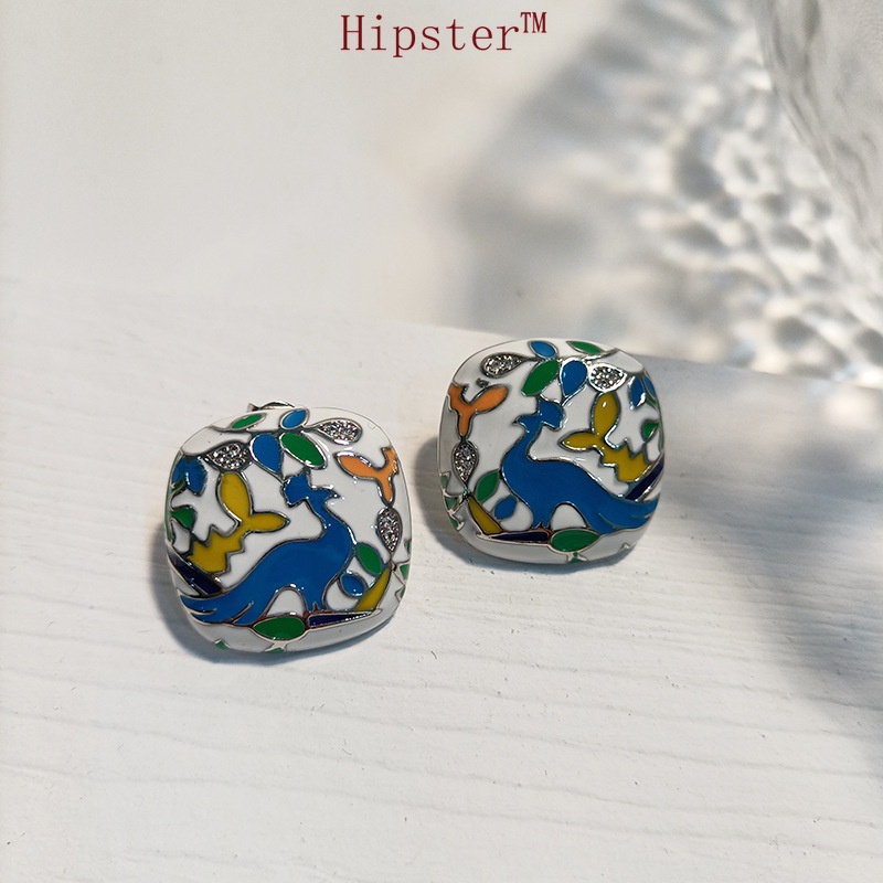 New Hot Fashion Classic Colorful Enamel Square Stud Earrings Painted Flower and Bird Stud Earrings