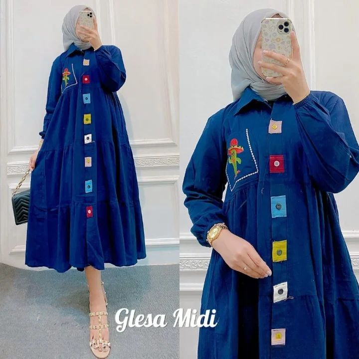 Midi Glessa / Dress Wanita Matt Katun Rayon / Midi Dress Wanita Aplikasi Sablon / Casual Dress / Fashion Muslimah / GOM