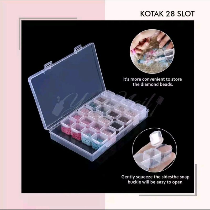 Kotak 28 slot nail art storage box tempat rhinestones