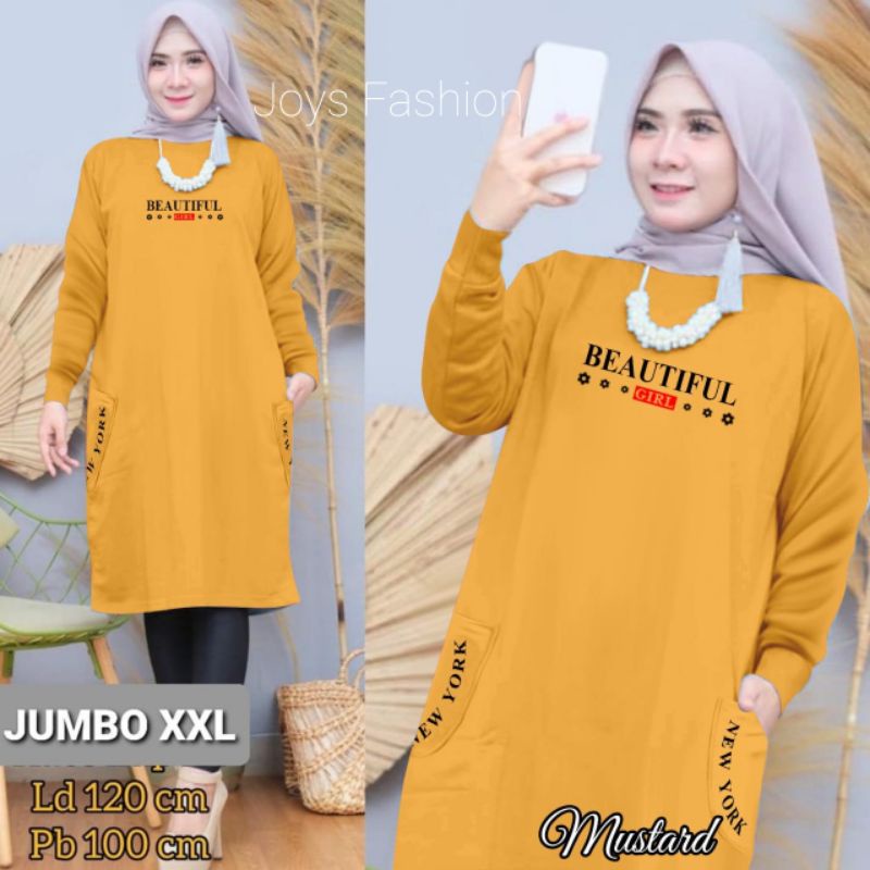 JF Tunik Kaos Wanita Lengan Panjang Jumbo Babyterry Xxl Dewasa Terbaru BEAUTIFUL LD 120 PJ 100