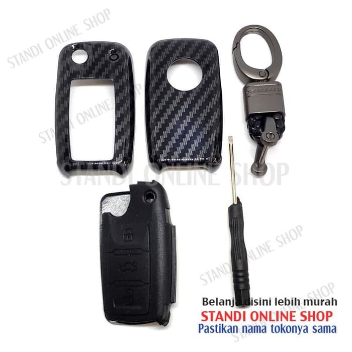 Cover Flip Key Sarung Kunci VW Polo Golf Tiguan Carbon Hitam