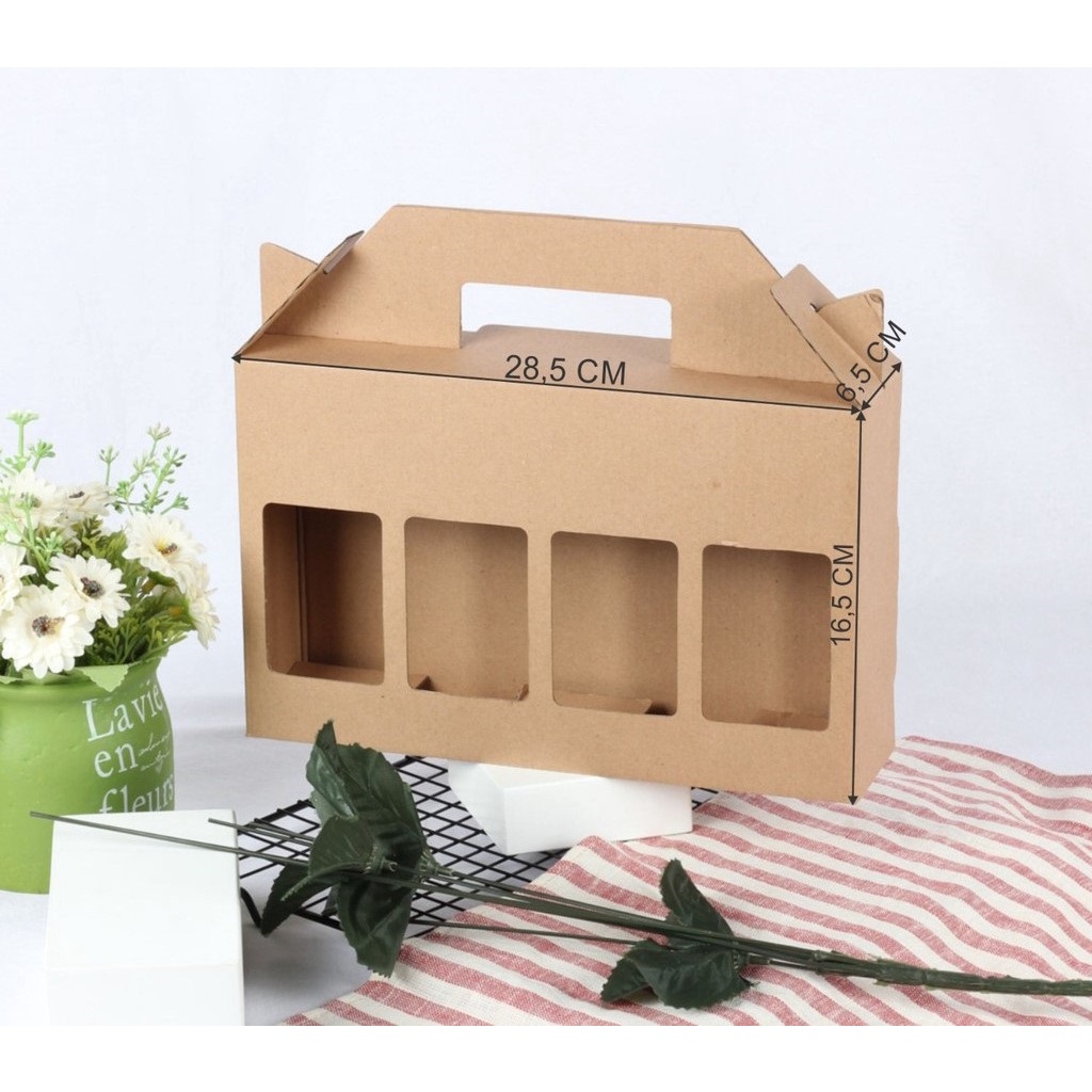

Kardus Botol 350 ml isi 4 Box Jinjing Die Cut Dus Packing Kemasan Hampers Gift Packaging Coklat 28,5x6,5x18,5