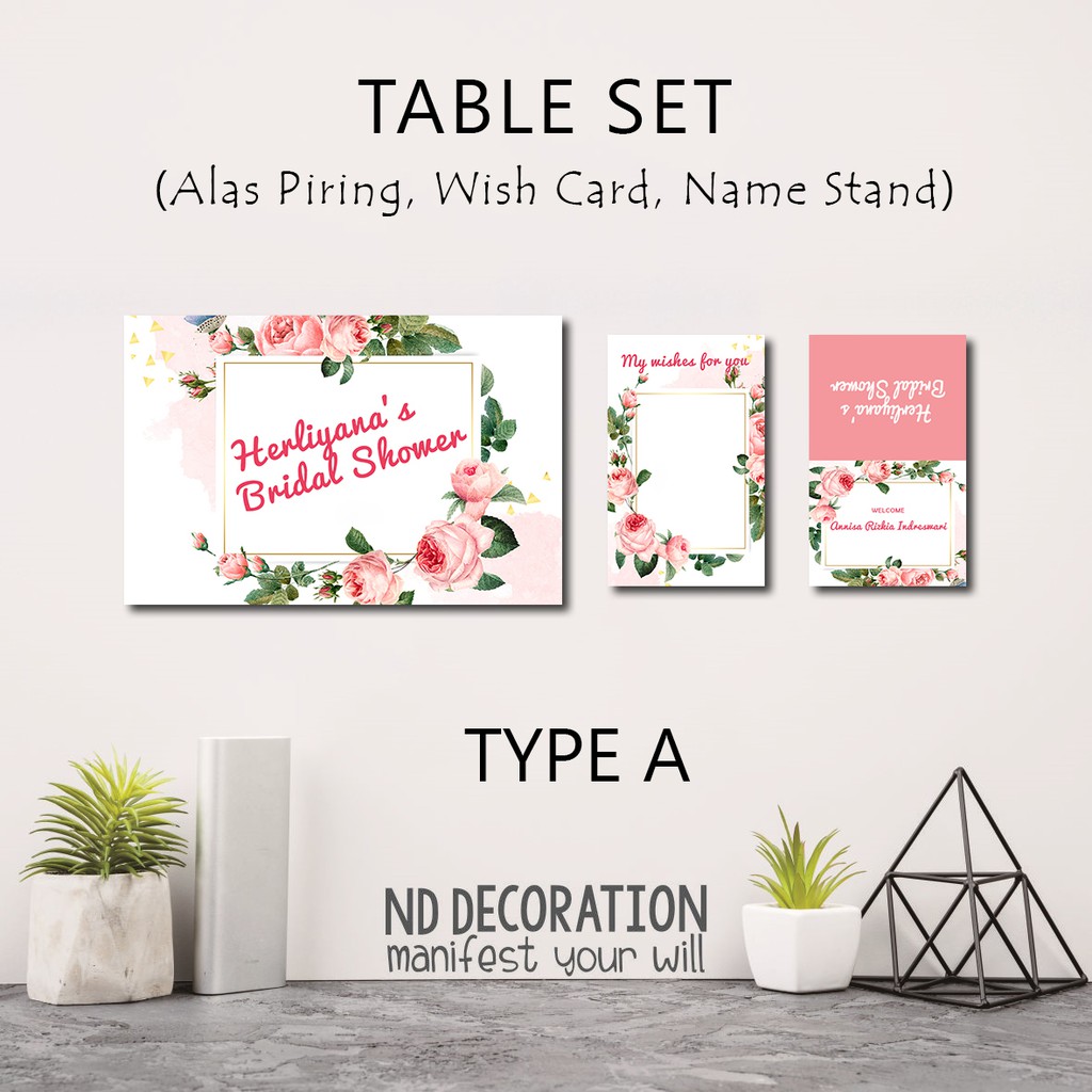 Table Set Bridal Shower Decor (alas Piring, Wish Card, Name Stand)