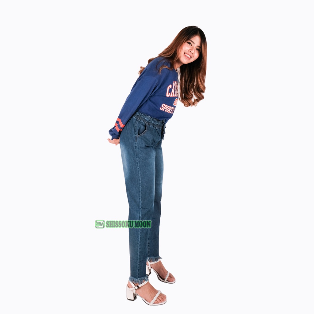 Celana Panjang Wanita Model Baggy Rawis Bahan Denim