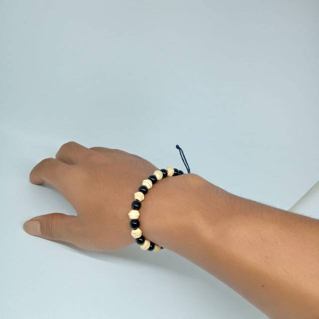 GP1019 BRACELET HITAM CREAM| GELANG ETNIK MIX KAYU &amp; BATU | KIIYOOMII